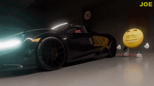 A Yellow Smiley Face Is Standing In Front Of A Black Car With A 30 Sign In The Background GIF