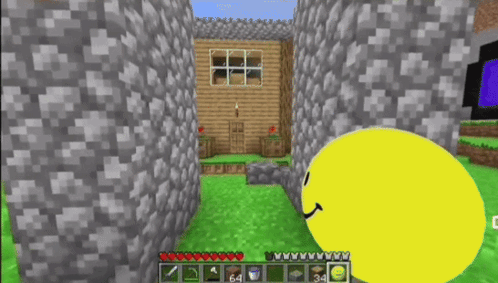 A Yellow Smiley Face Is Standing In Front Of A House In A Video Game Called Minecraft GIF