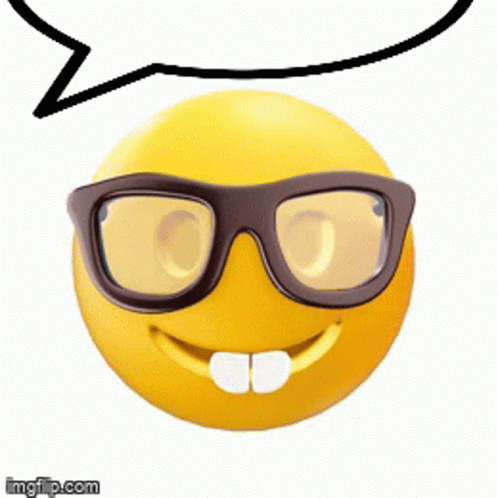 A Yellow Smiley Face Wearing Glasses And A Speech Bubble Above It GIF