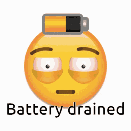 A Yellow Smiley Face With A Battery On Top Of It And The Words Battery Drained Below It GIF