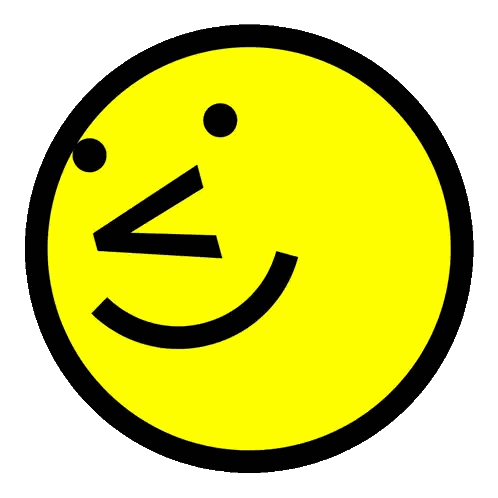 a yellow smiley face with a black circle around it and a v in the middle