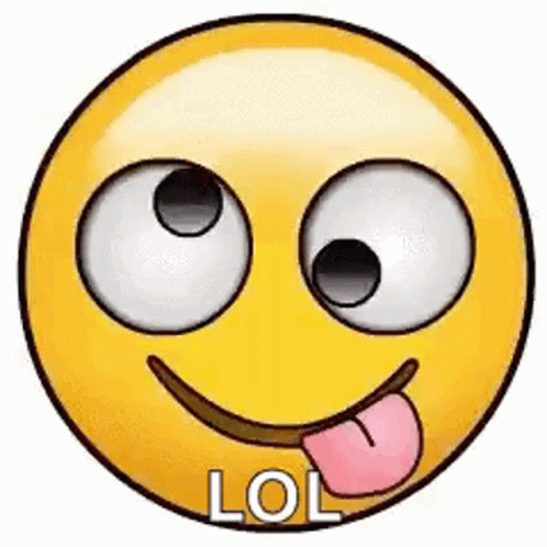 A Yellow Smiley Face With A Pink Tongue Sticking Out And The Word Lol Written On It . GIF