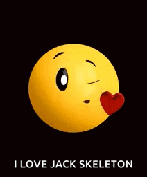 A Yellow Smiley Face With A Red Heart In Its Mouth And The Words `` I Love Jack Skeleton '' Below It . GIF