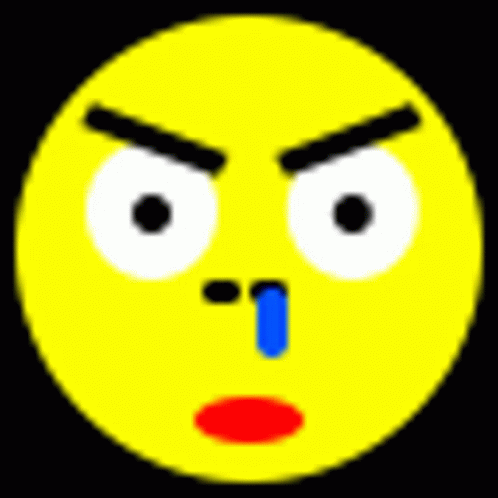 A Yellow Smiley Face With An Angry Expression And A Blue Tear Coming Out Of Its Nose . GIF