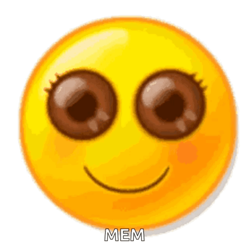a yellow smiley face with big brown eyes and the words mem written below it .