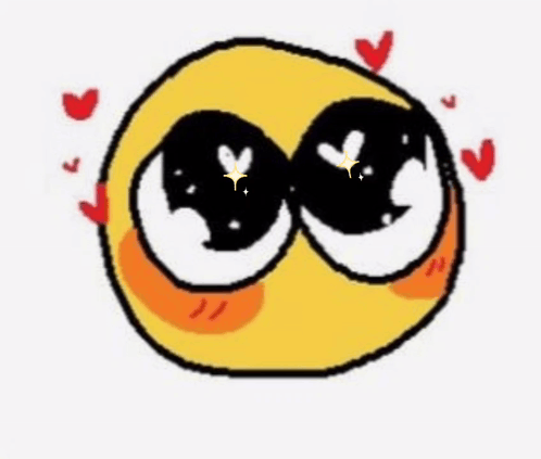 A Yellow Smiley Face With Black Eyes And Hearts Around It . GIF