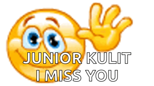 A Yellow Smiley Face With Blue Eyes And The Words Junior Kulit I Miss You On It GIF