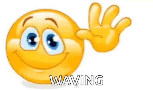 A Yellow Smiley Face With Blue Eyes Is Waving With Its Hand . GIF