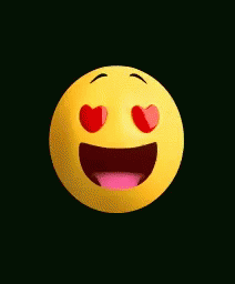 a yellow smiley face with red heart shaped eyes and a pink tongue on a black background .