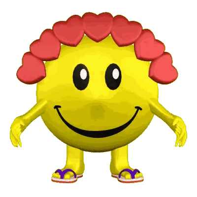 a yellow smiley face with red hearts on its hair