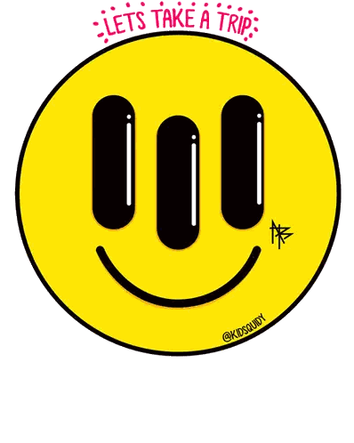 a yellow smiley face with the words let 's take a trip written on it