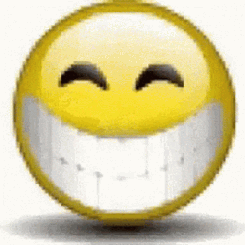 A Yellow Smiley Face With White Teeth Is Smiling With Its Eyes Closed On A White Background . GIF