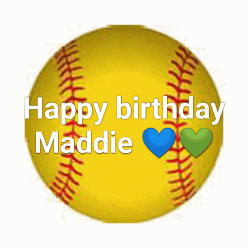 a yellow softball with the words happy birthday maddie written on it