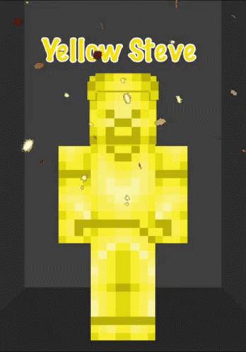A Yellow Steve Statue In A Dark Room With The Words Yellow Steve Above It GIF