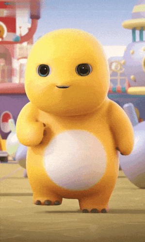 A Yellow Stuffed Animal With A White Belly Is Standing In Front Of A Building That Says ' A ' On It GIF