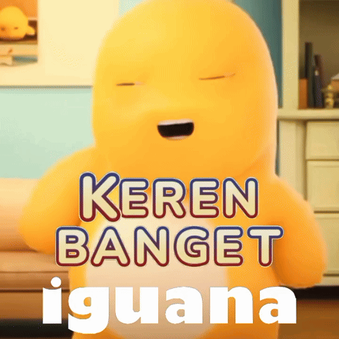 A Yellow Stuffed Animal With The Words Keren Banget Iguana Written On It GIF
