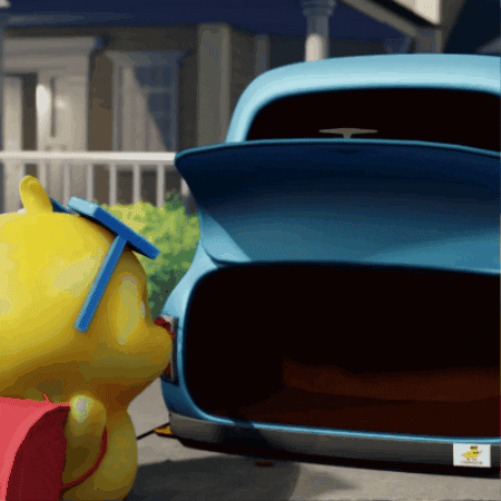 A Yellow Teddy Bear Wearing Sunglasses Stands Next To A Blue Car With Its Trunk Open GIF