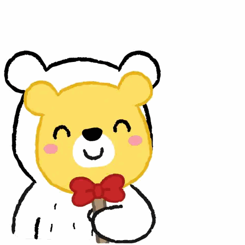 a yellow teddy bear with a red bow is holding a fan