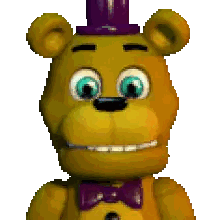 a yellow teddy bear with blue eyes and a purple top hat