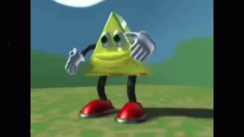 A Yellow Triangle With Arms And Legs Is Standing On A Grassy Field . GIF