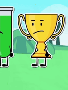 A Yellow Trophy With A Sad Face Is Standing Next To A Green Object With A Sad Face . GIF