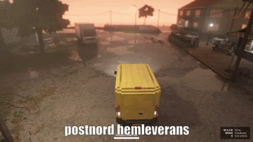 A Yellow Van Is Driving Down A Flooded Street With Postnord Hemleverans Written On The Bottom GIF