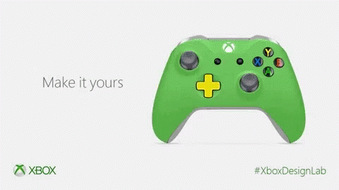 A Yellow Xbox Controller With Blue Buttons And The Words Make It Yours On The Bottom GIF