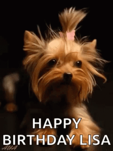 A Yorkshire Terrier With A Pink Bow In Its Hair Is Sitting On A Table And Says `` Happy Birthday Lisa '' . GIF
