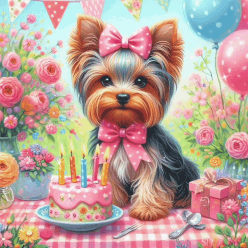 A Yorkshire Terrier With A Pink Bow Is Sitting Next To A Birthday Cake GIF