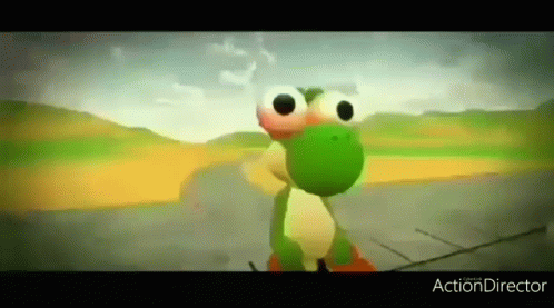 A Yoshi Doll Is Standing On A Road In A Video Game . GIF