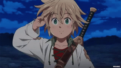 A Young Anime Character Is Holding A Sword And Saluting In Front Of A Blue Sky . GIF