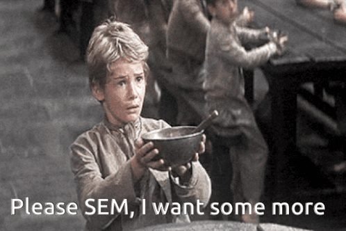 A Young Boy Holding A Bowl Of Soup With The Words Please Sem I Want Some More On The Bottom GIF