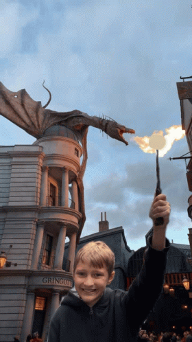 A Young Boy Holding A Wand In Front Of A Building That Says Gringotts GIF