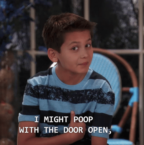 A Young Boy In A Blue And Black Striped Shirt Says I Might Poop With The Door Open GIF