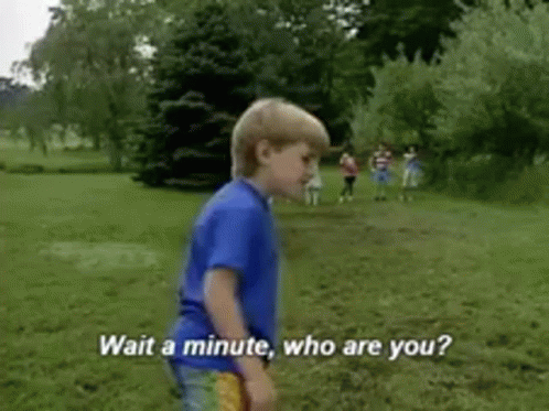 A Young Boy In A Blue Shirt Is Standing In A Grassy Field And Says Wait A Minute Who Are You . GIF