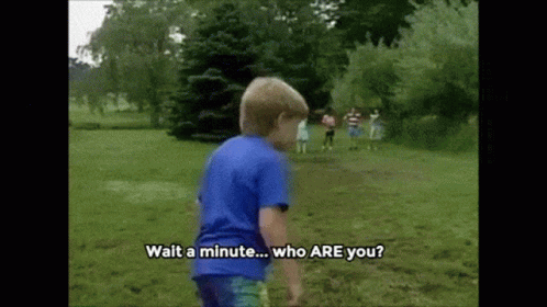 A Young Boy In A Blue Shirt Is Standing In A Grassy Field And Says Wait A Minute Who Are You GIF