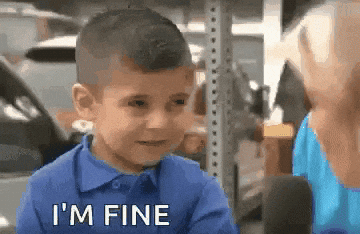 A Young Boy In A Blue Shirt Says " I 'M Fine " GIF