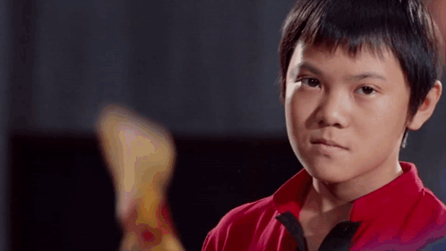 A Young Boy In A Red Shirt Is Looking At The Camera With A Serious Expression On His Face . GIF