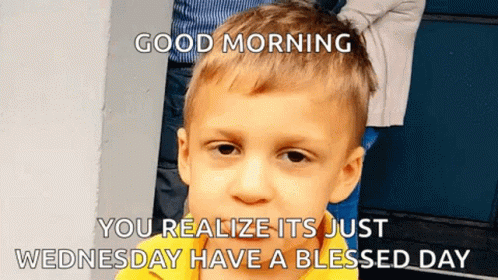A Young Boy In A Yellow Shirt Is Making A Funny Face And Says Good Morning GIF