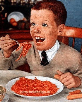 A Young Boy Is Eating Spaghetti With A Fork And A Plate Of Spaghetti With Beta.htmldesign.nl Written On It GIF
