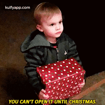 A Young Boy Is Holding A Christmas Present And Saying `` You Can 'T Open It Until Christmas '' . GIF