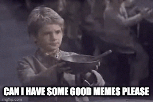 A Young Boy Is Holding A Pan With The Words Can I Have Some Good Memes Please GIF