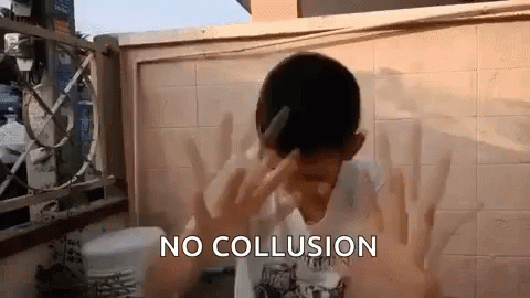A Young Boy Is Making A Funny Face With His Hands And The Words `` No Collusion '' Written Above Him . GIF