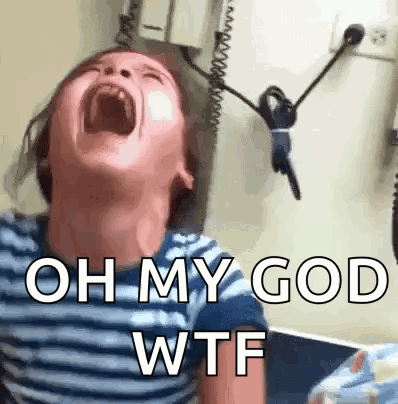 A Young Boy Is Screaming With His Mouth Open And The Words Oh My God Wtf Written On The Bottom . GIF