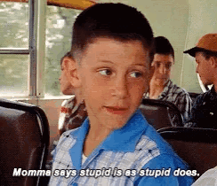 A Young Boy Is Sitting On A Bus And Says `` Momma Says Stupid Is As Stupid Does . '' GIF