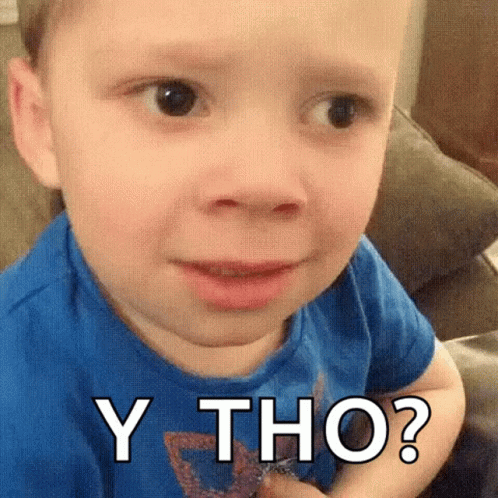 A Young Boy Is Sitting On A Couch And Making A Funny Face With The Words `` Y Tho '' On His Face . GIF