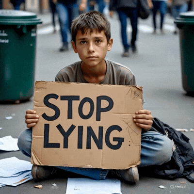 A Young Boy Is Sitting On The Ground Holding A Cardboard Sign That Says Stop Lying GIF