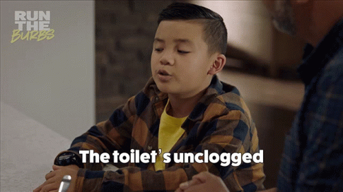 A Young Boy Says The Toilet 'S Unclogged In A Run The Burbs Advertisement GIF