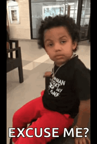 A Young Boy Wearing A Black Shirt And Red Pants Is Sitting In A Chair With The Words Excuse Me On The Bottom GIF