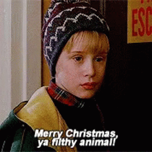A Young Boy Wearing A Hat And A Plaid Shirt Says Merry Christmas Ya Filthy Animal GIF